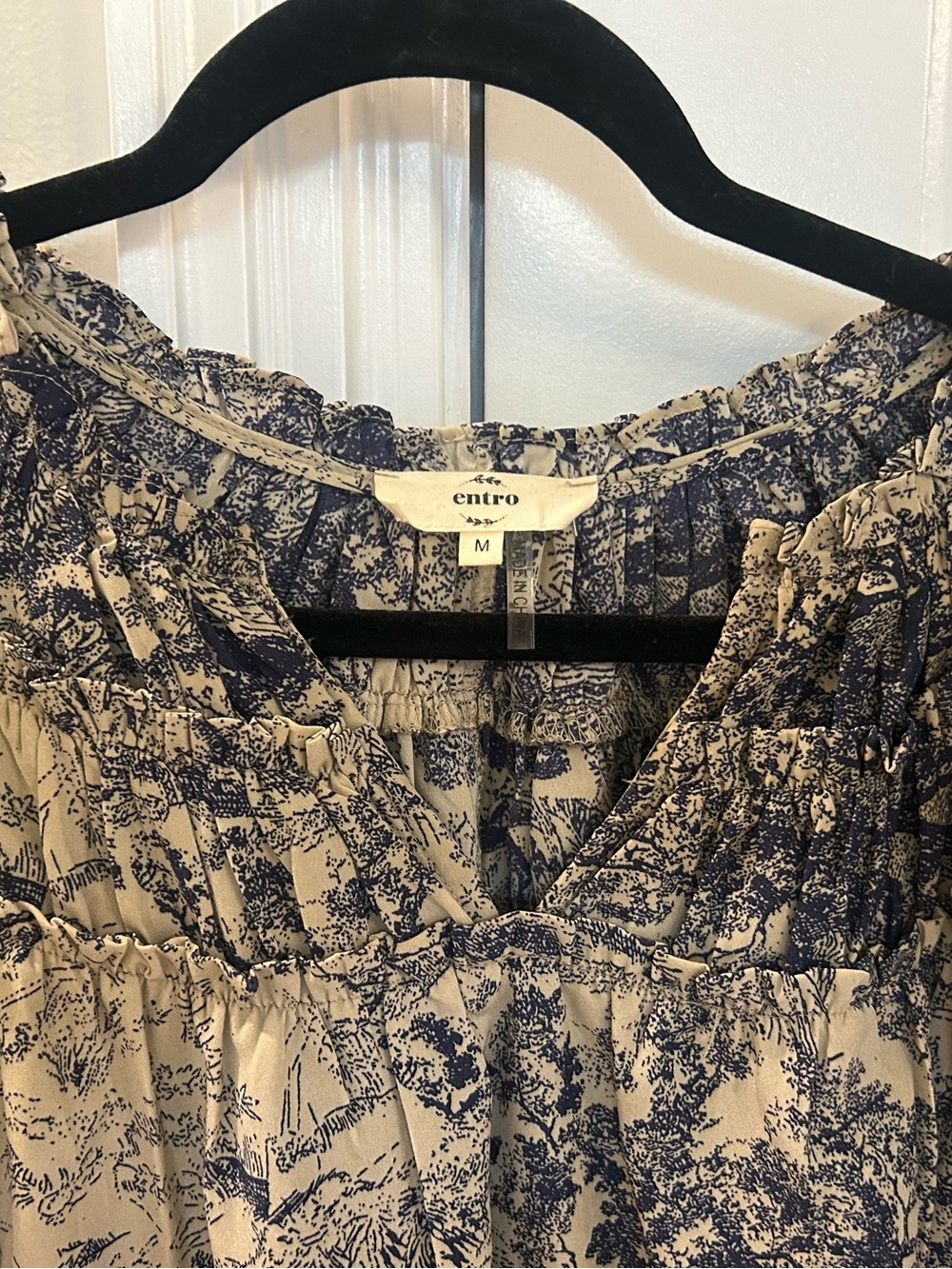 entro Blue and Cream Printed Long Sleeve Peasant Dress